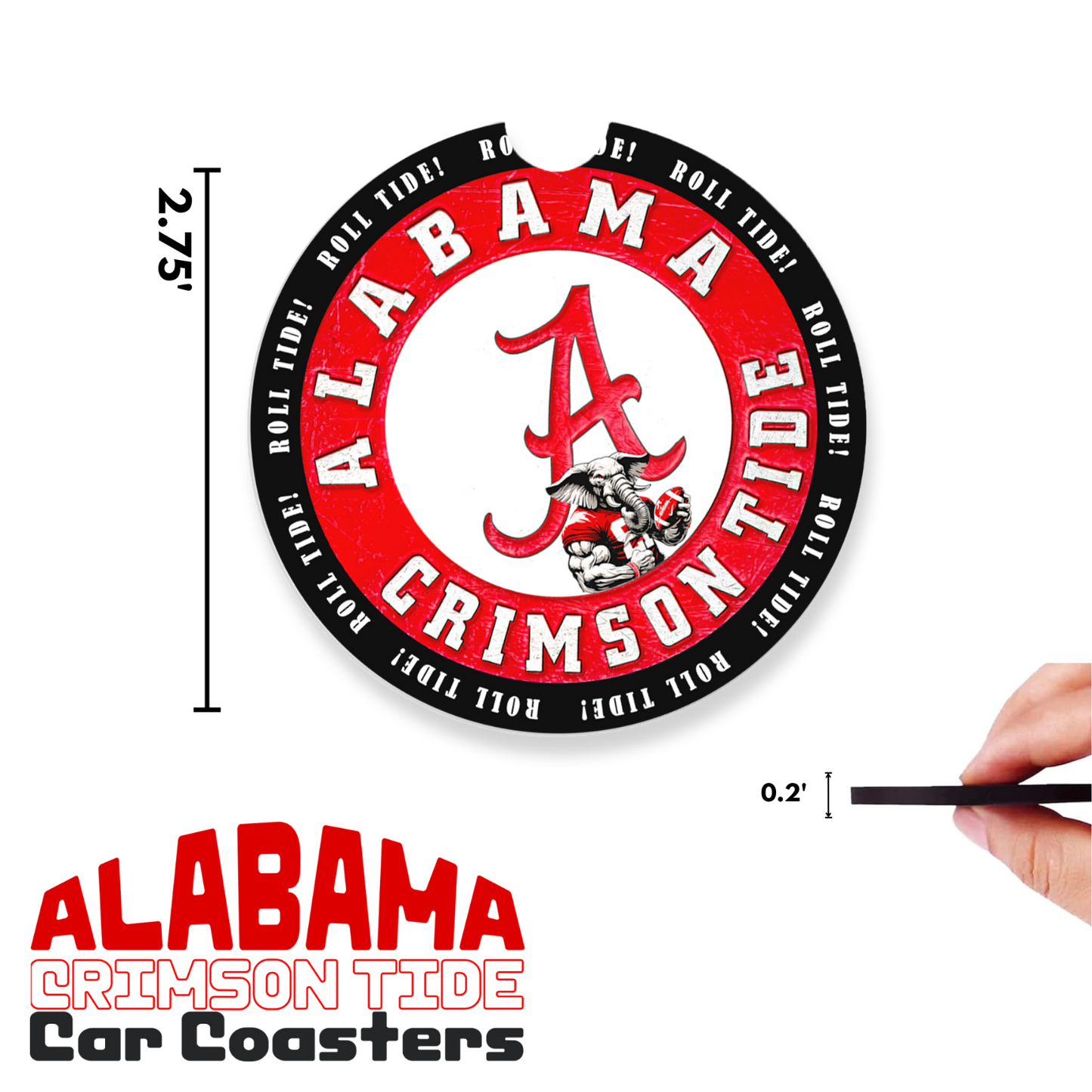 Alabama Crimson Tide Car Coasters – Set of 2 Soft Rubber Cup Inserts – Roll Tide