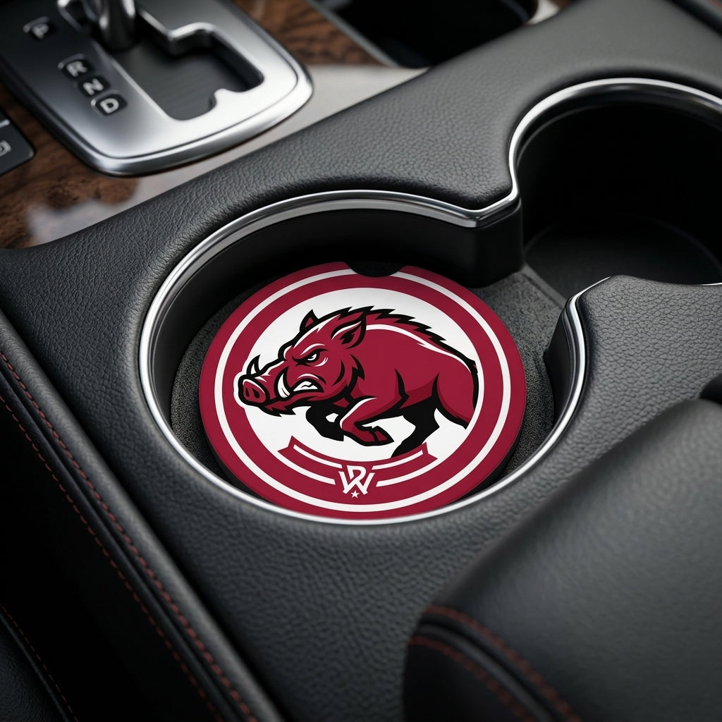 Arkansas Razorbacks Wild Boar Car Coaster Set - 2 Pack Absorbent Cup Holder Inserts for Trucks & SUVs - Arkansas Gameday Auto Accessories