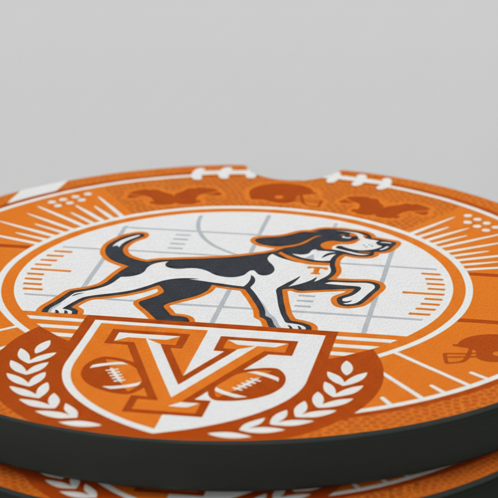 Tennessee Football Hound Dog Car Coasters - Auto Cup Holder Inserts with Finger Notch - Orange and White Fan Gear - Set of 2
