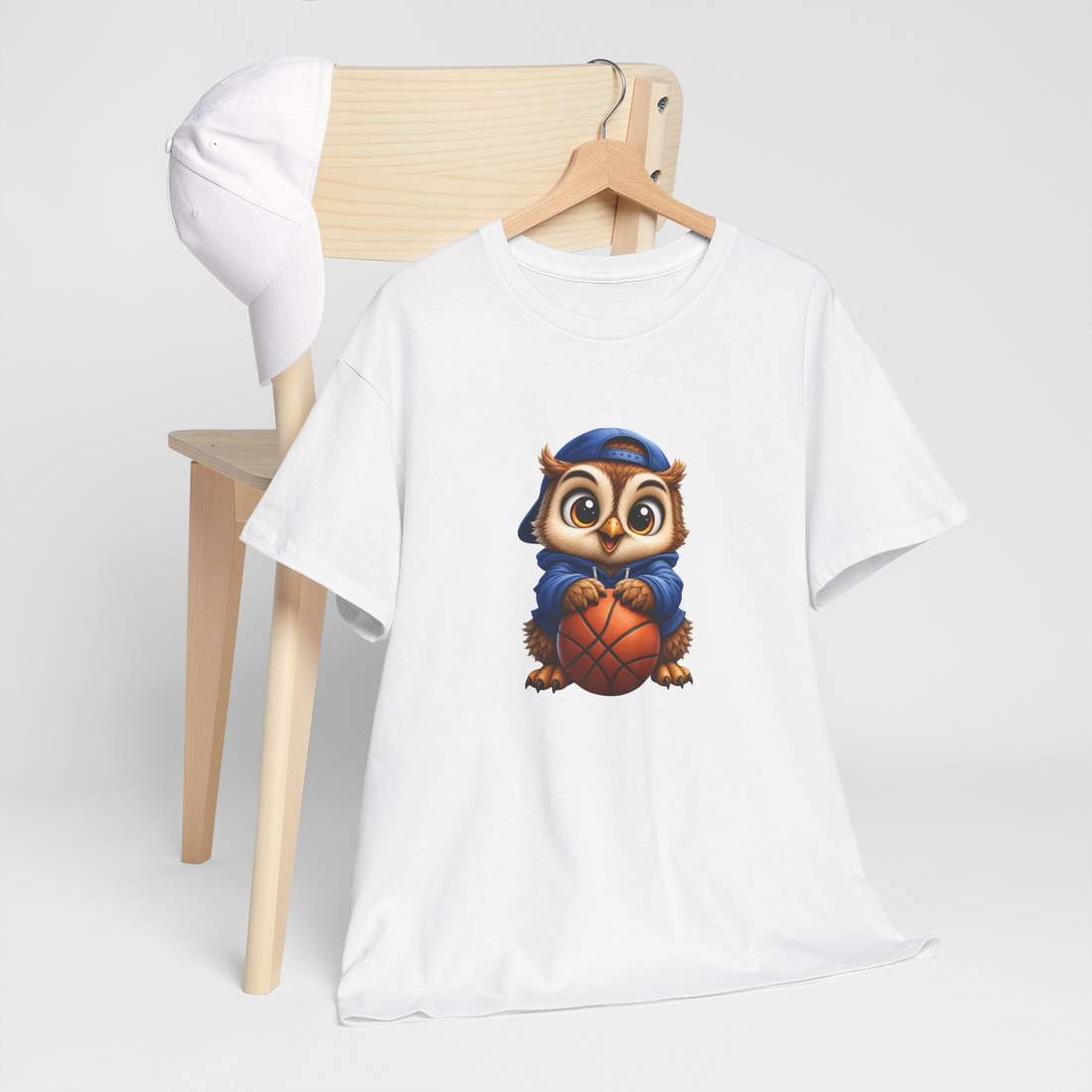 Cute Owl Basketball Graphic Unisex Cotton T Shirt in Blue Hoodie Style