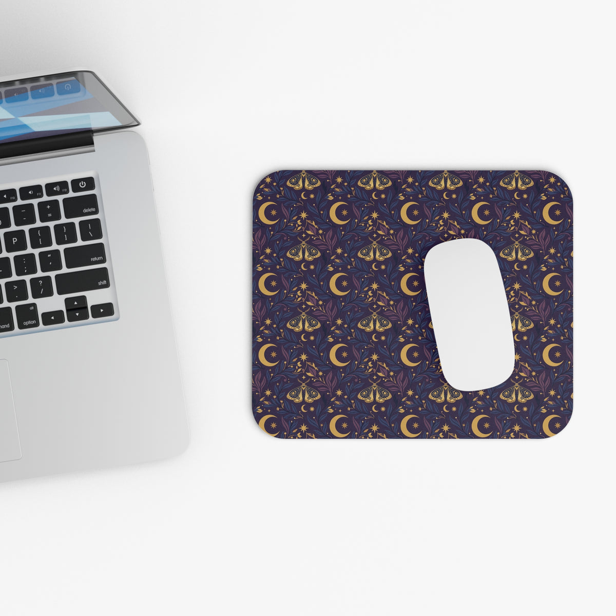 Celestial Moth and Moon Mouse Pad - Witchy Botanical Desk Mat with Gold Stars Pattern - Non-Slip Rubber Base for Home Office & Gaming - Beyond Lines