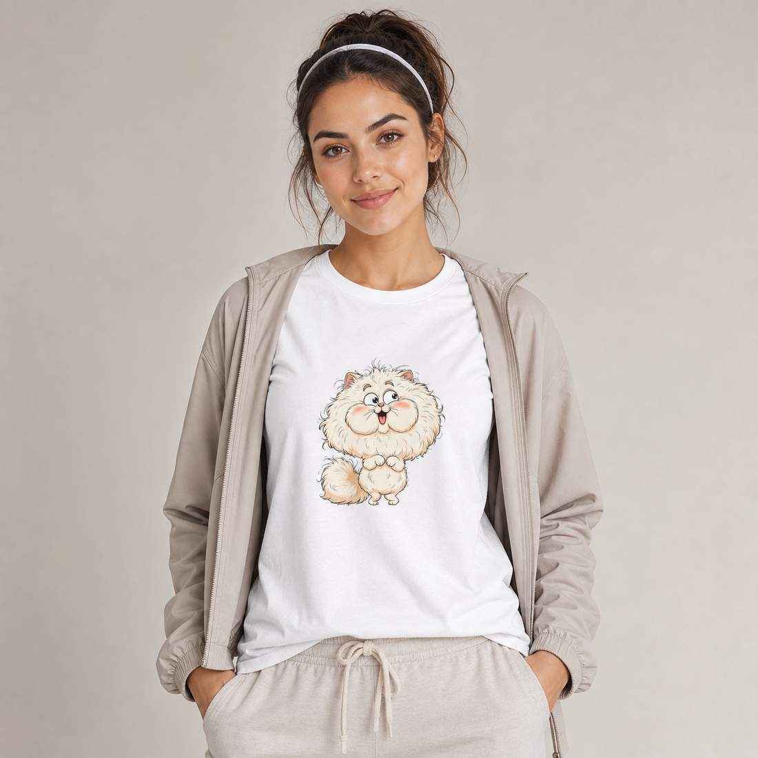 Cute Fluffy White Cat Cartoon Graphic T-Shirt for Cat Lovers