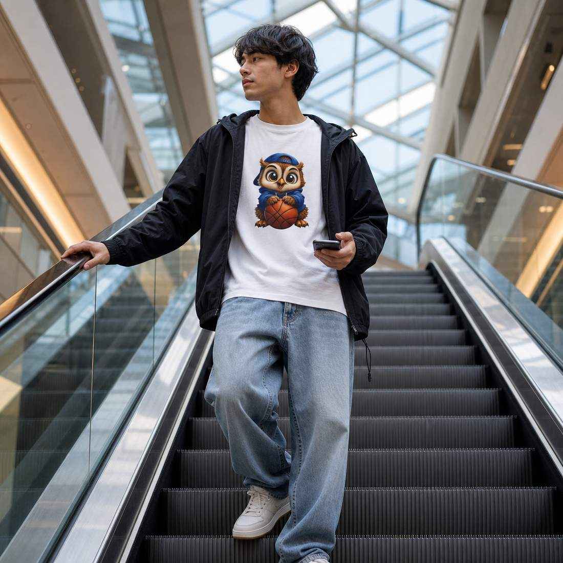 Cute Owl Basketball Graphic Unisex Cotton T Shirt in Blue Hoodie Style