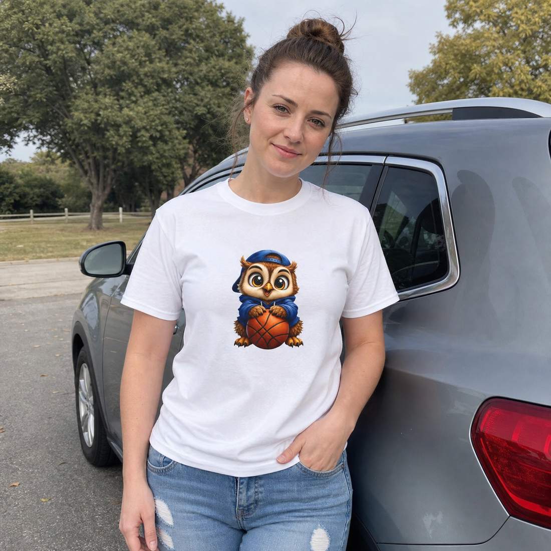 Cute Owl Basketball Graphic Unisex Cotton T Shirt in Blue Hoodie Style