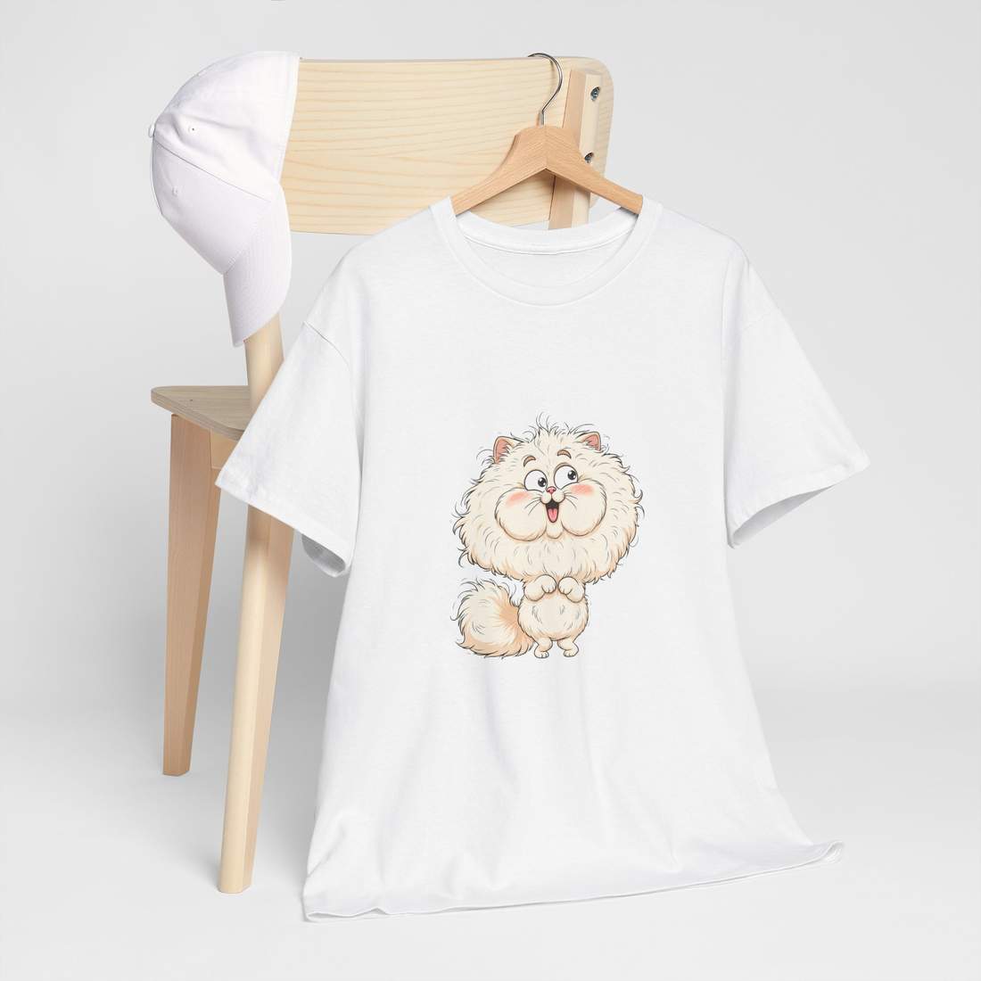 Cute Fluffy White Cat Cartoon Graphic T-Shirt for Cat Lovers