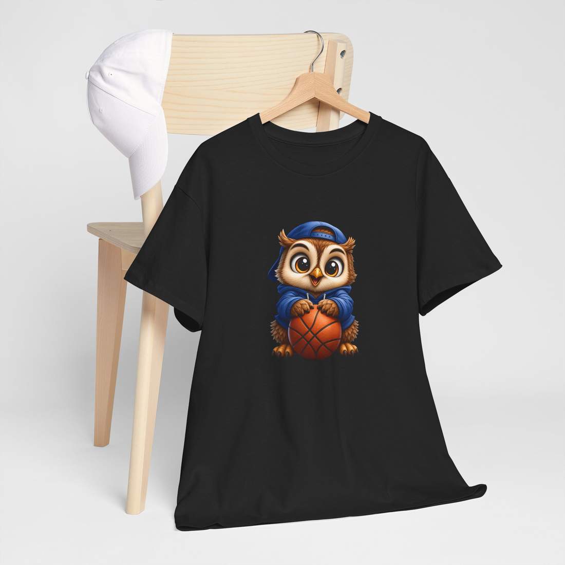 Cute Owl Basketball Graphic Unisex Cotton T Shirt in Blue Hoodie Style