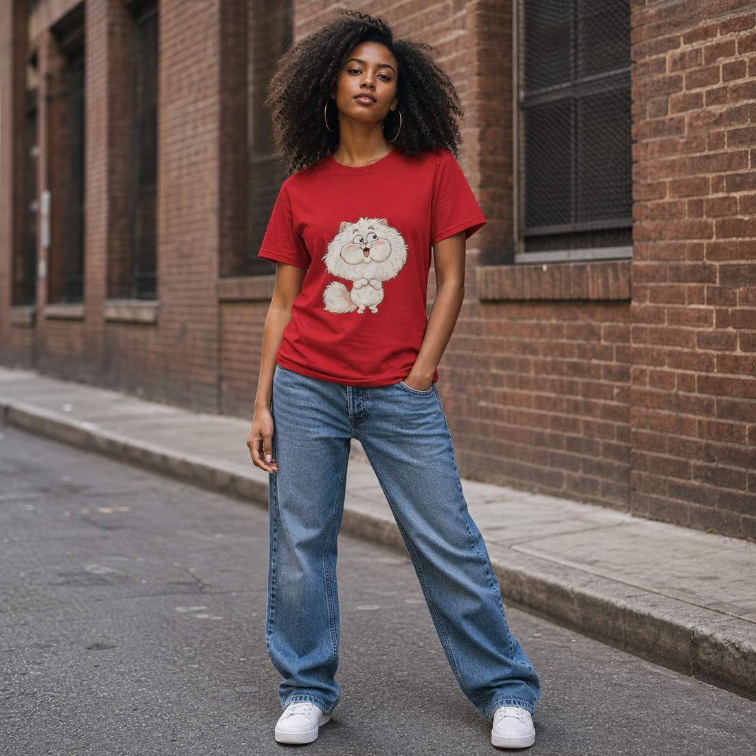 Cute Fluffy White Cat Cartoon Graphic T-Shirt for Cat Lovers