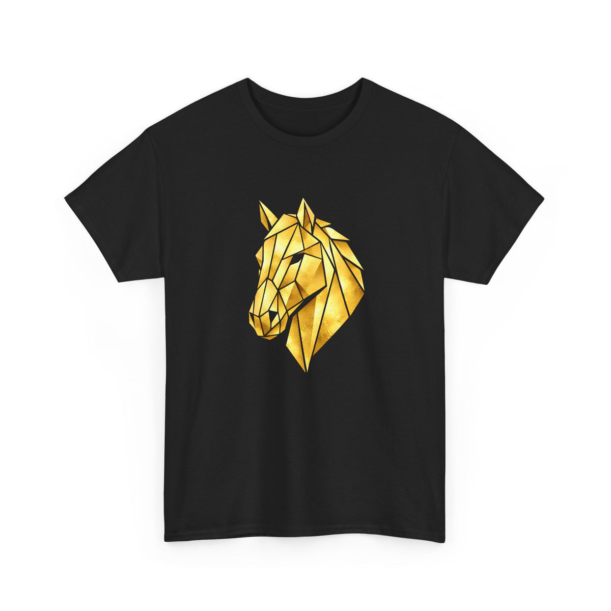 Geometric Gold Horse T-Shirt Metallic Low Poly Stallion Design Soft Cotton Black Tee Unisex - Beyond Lines