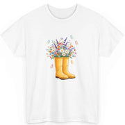 Women's Spring Wildflower T-Shirt - Watercolor Yellow Rain Boots & Butterfly Garden Graphic Tee