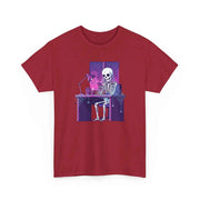 Skeleton Doomscrolling at Desk Graphic T-Shirt - Funny Internet Meme & Lo-Fi Aesthetic Tee