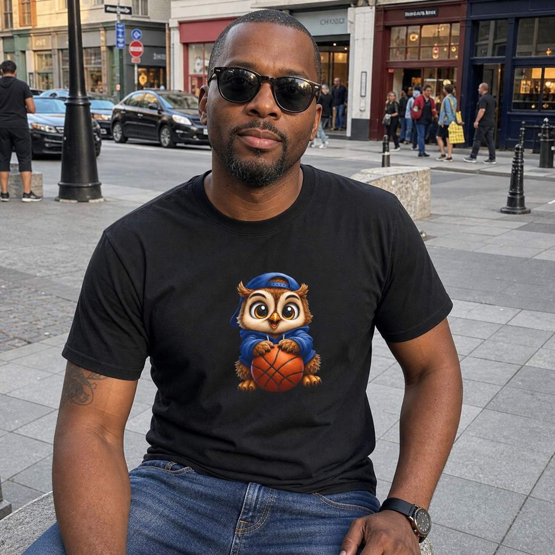 Cute Owl Basketball Graphic Unisex Cotton T Shirt in Blue Hoodie Style