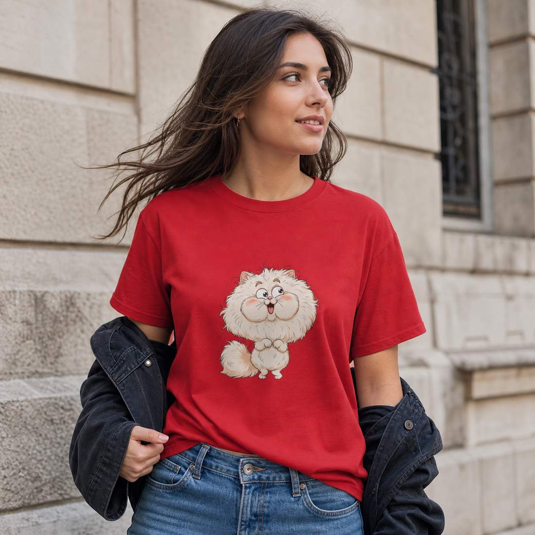Cute Fluffy White Cat Cartoon Graphic T-Shirt for Cat Lovers