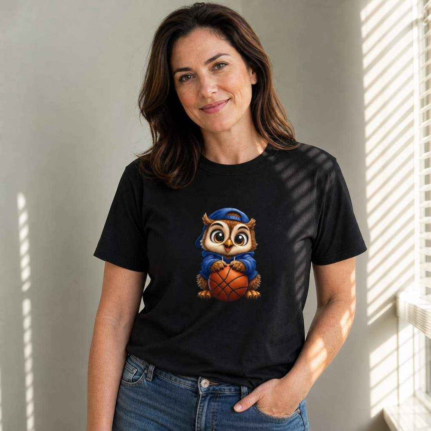 Cute Owl Basketball Graphic Unisex Cotton T Shirt in Blue Hoodie Style