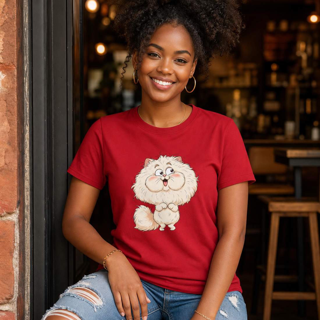 Cute Fluffy White Cat Cartoon Graphic T-Shirt for Cat Lovers
