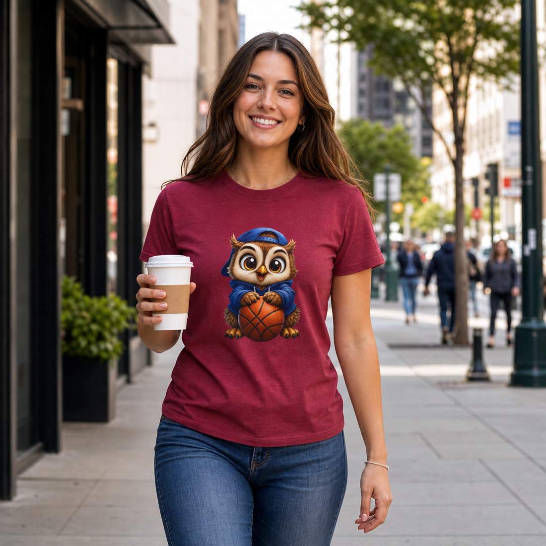Cute Owl Basketball Graphic Unisex Cotton T Shirt in Blue Hoodie Style