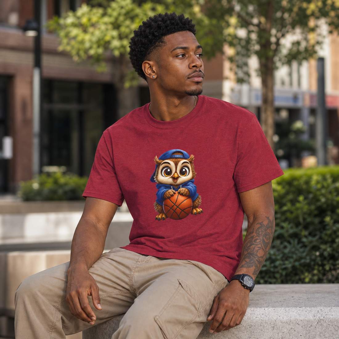 Cute Owl Basketball Graphic Unisex Cotton T Shirt in Blue Hoodie Style