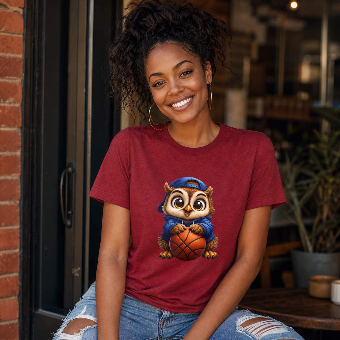 Cute Owl Basketball Graphic Unisex Cotton T Shirt in Blue Hoodie Style
