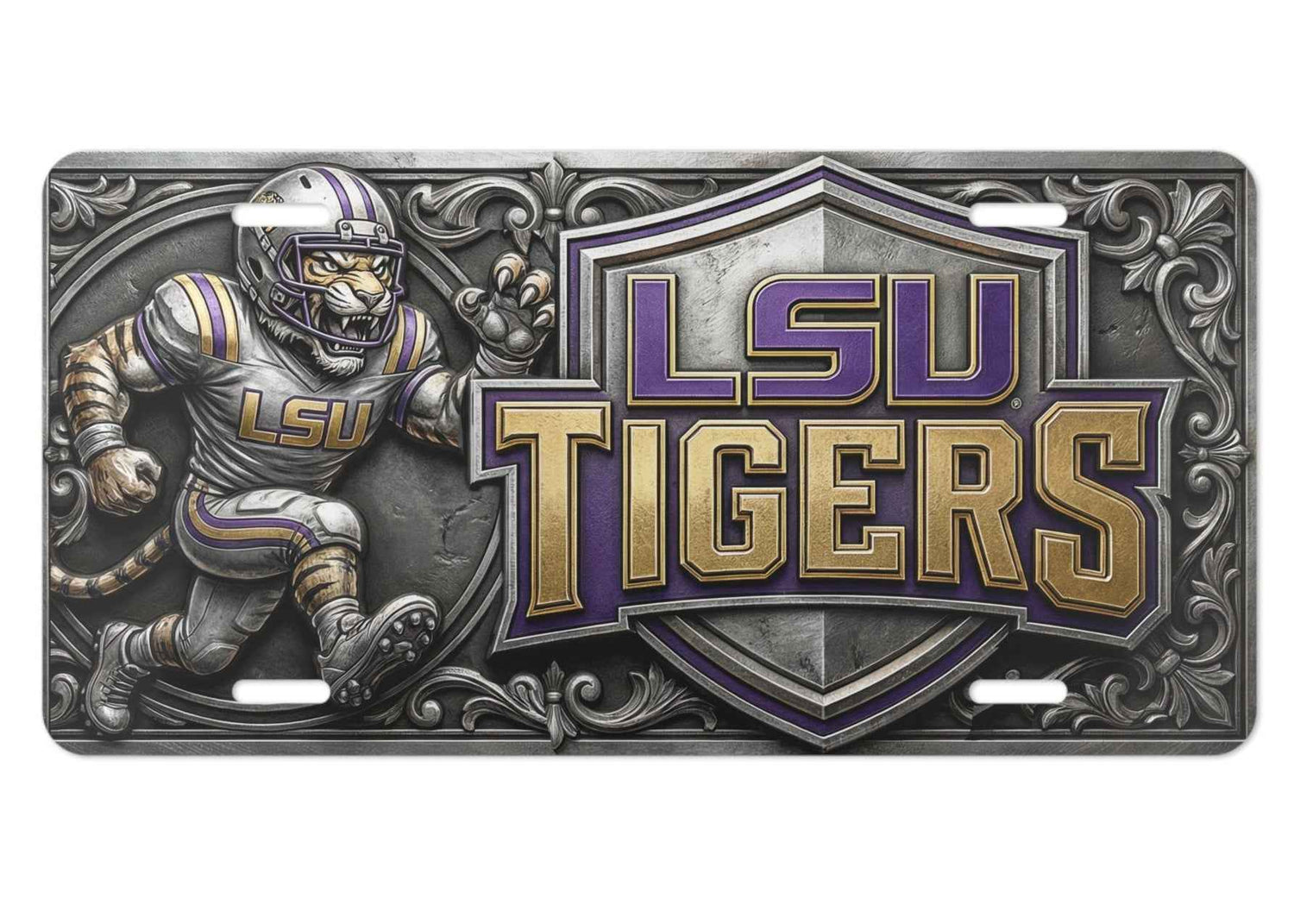 LSU Tigers License Plate - Aluminum Vanity Car Tag Flat Printed Surface with 3D-Style Graphic (Not Raised)