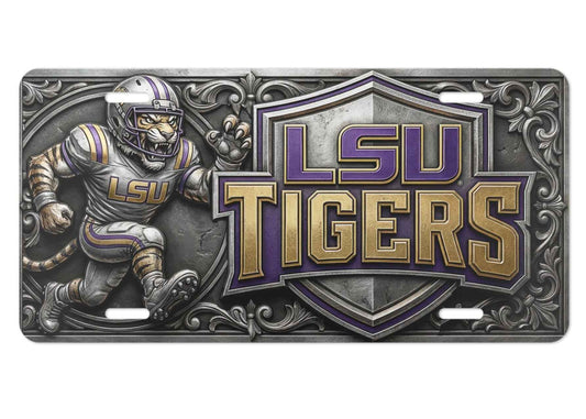 LSU Tigers License Plate - Aluminum Vanity Car Tag Flat Printed Surface with 3D-Style Graphic (Not Raised)