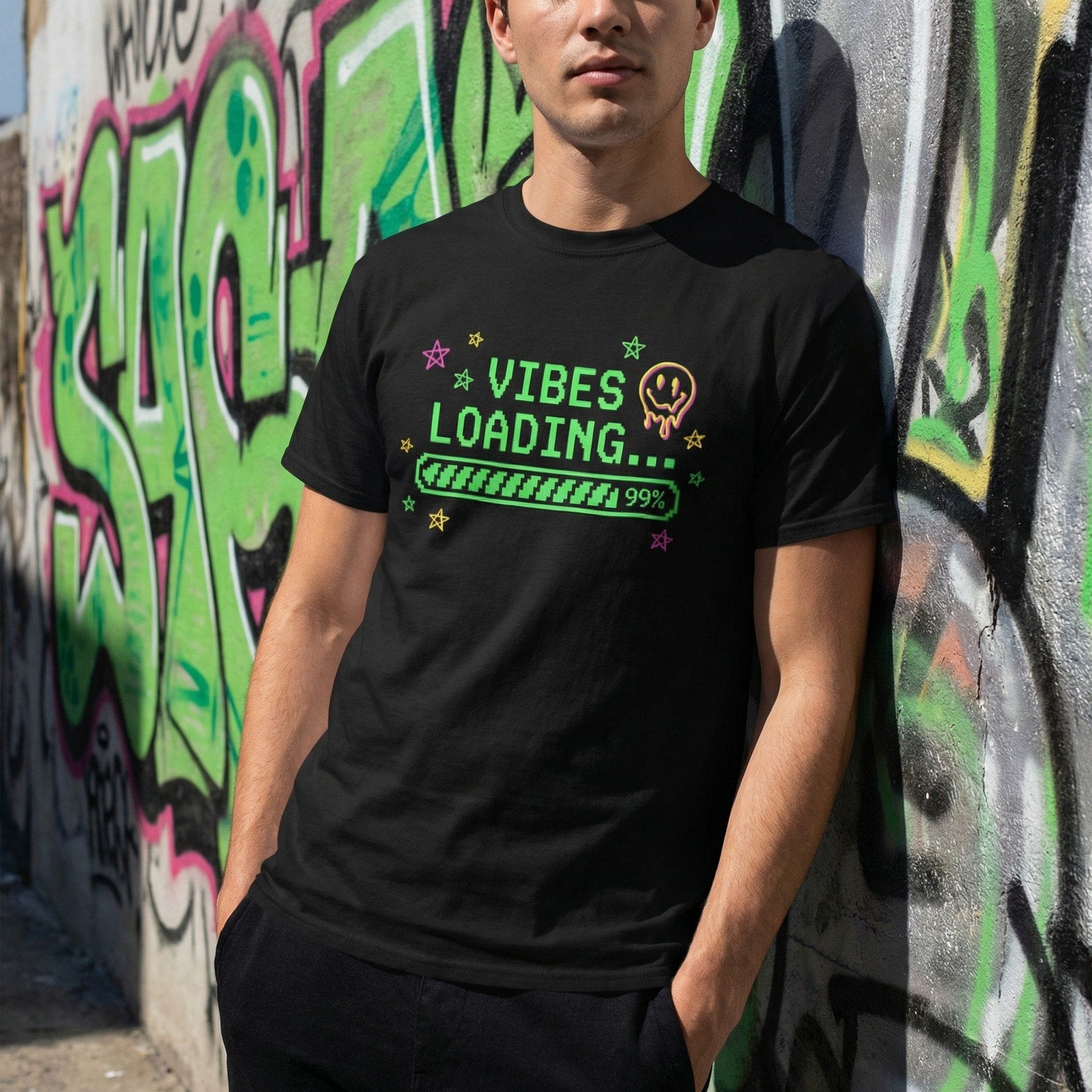 Vibes Loading T-Shirt Pixel Art Tee Funny Meme Shirt Teen Graphic Top - Beyond Lines