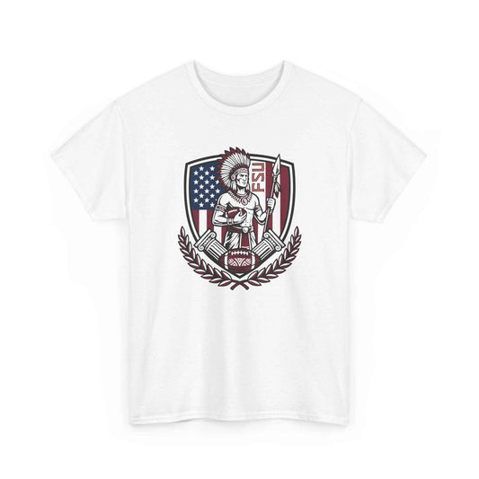 FSU Florida State University Seminoles Football T-Shirt - Native American Chief & USA Flag Shield Graphic - White Cotton Tee