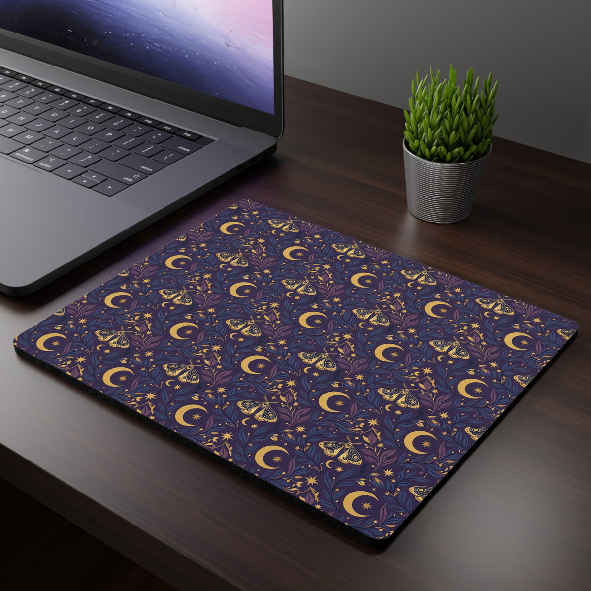 Celestial Moth and Moon Mouse Pad - Witchy Botanical Desk Mat with Gold Stars Pattern - Non-Slip Rubber Base for Home Office & Gaming - Beyond Lines