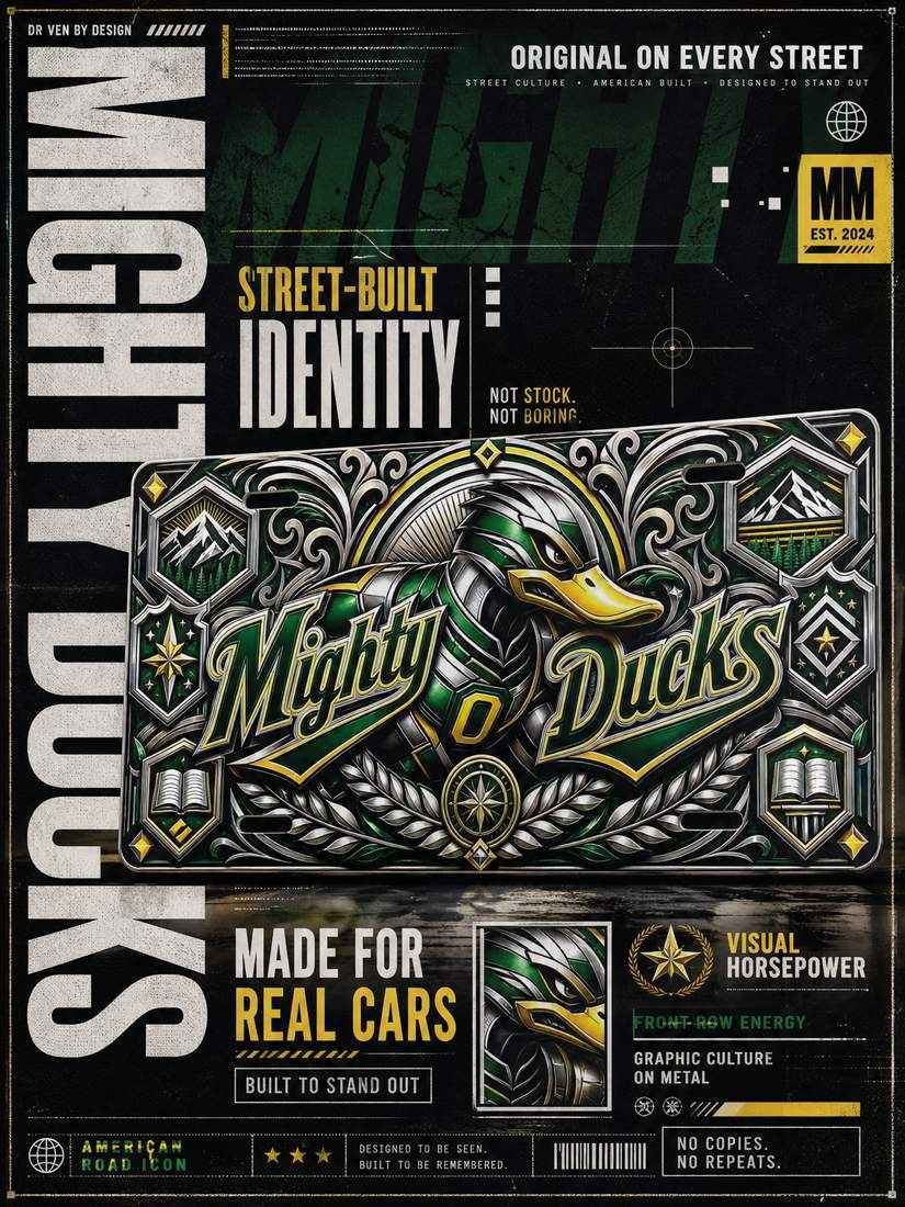 Mighty Ducks Aluminum Car Tag Wall Sign Green Gold Fan Decor