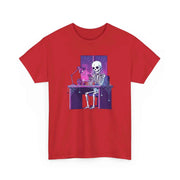 Skeleton Doomscrolling at Desk Graphic T-Shirt - Funny Internet Meme & Lo-Fi Aesthetic Tee