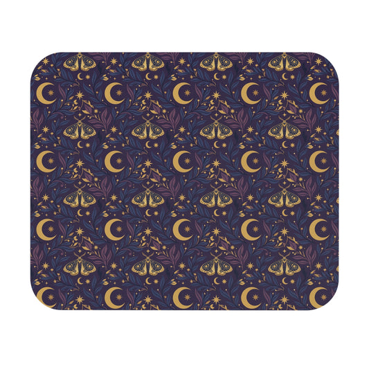 Celestial Moth and Moon Mouse Pad - Witchy Botanical Desk Mat with Gold Stars Pattern - Non-Slip Rubber Base for Home Office & Gaming - Beyond Lines
