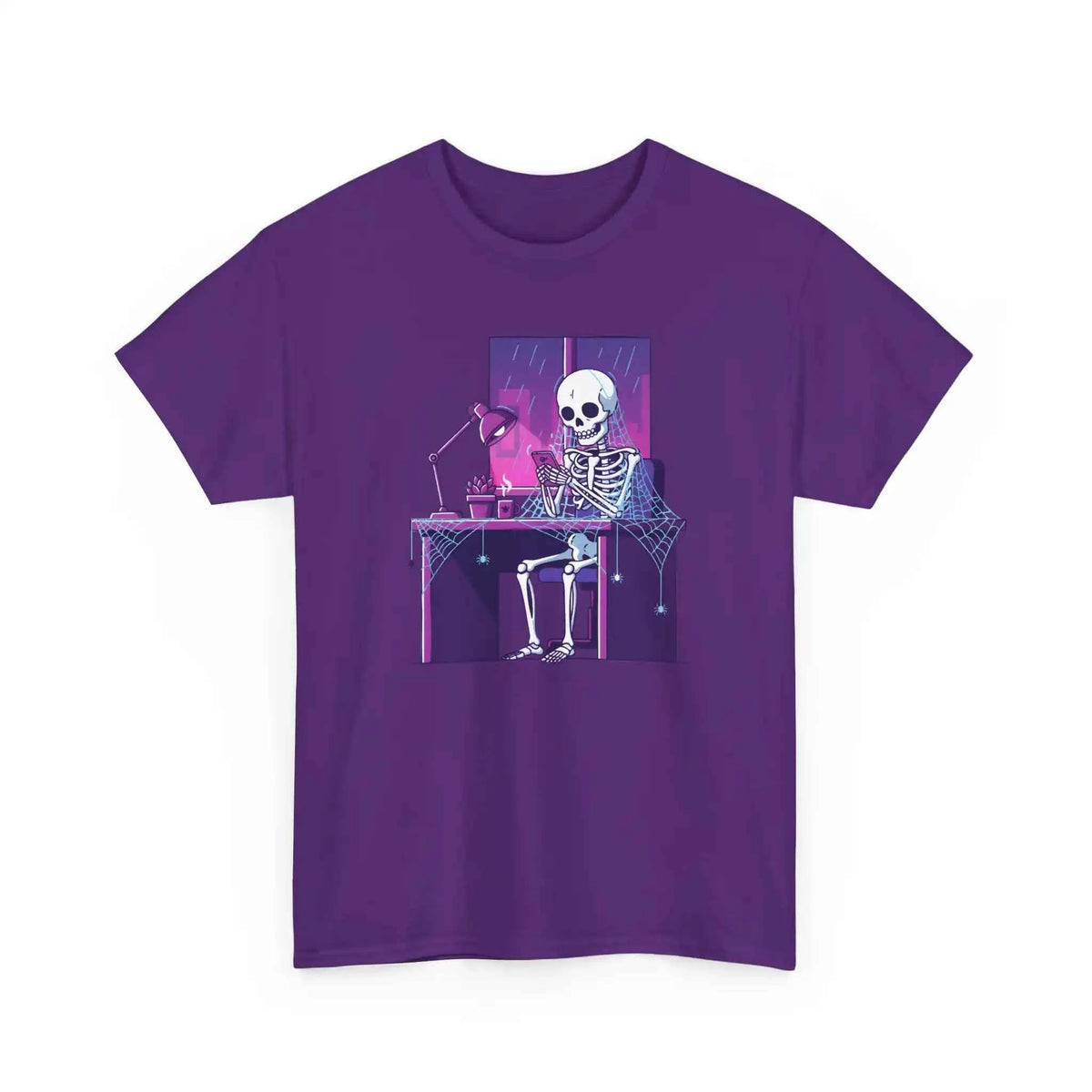 Skeleton Doomscrolling at Desk Graphic T-Shirt - Funny Internet Meme & Lo-Fi Aesthetic Tee
