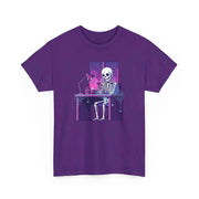 Skeleton Doomscrolling at Desk Graphic T-Shirt - Funny Internet Meme & Lo-Fi Aesthetic Tee