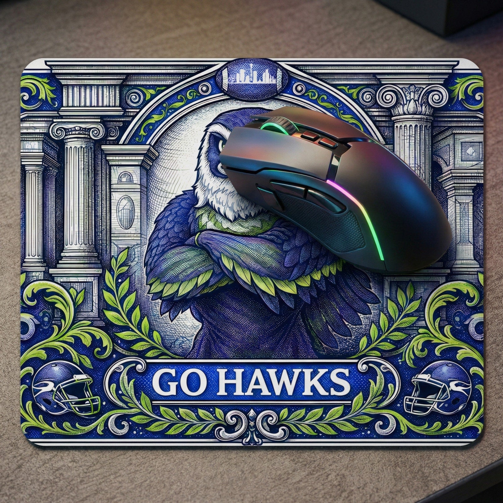 Seattle Football Eagle Mouse Pad - Go Hawks Desk Mat - Blue & Green - Beyond Lines
