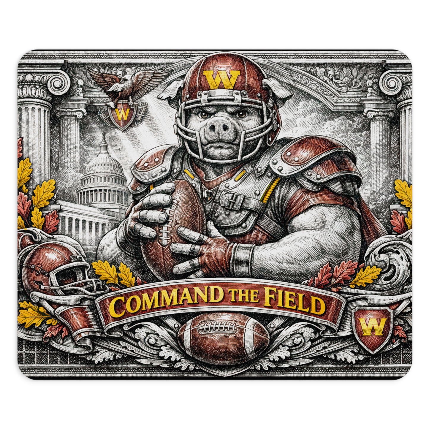 Washington Football Hog Mousepad - Command The Field Vintage Engraving Style Art