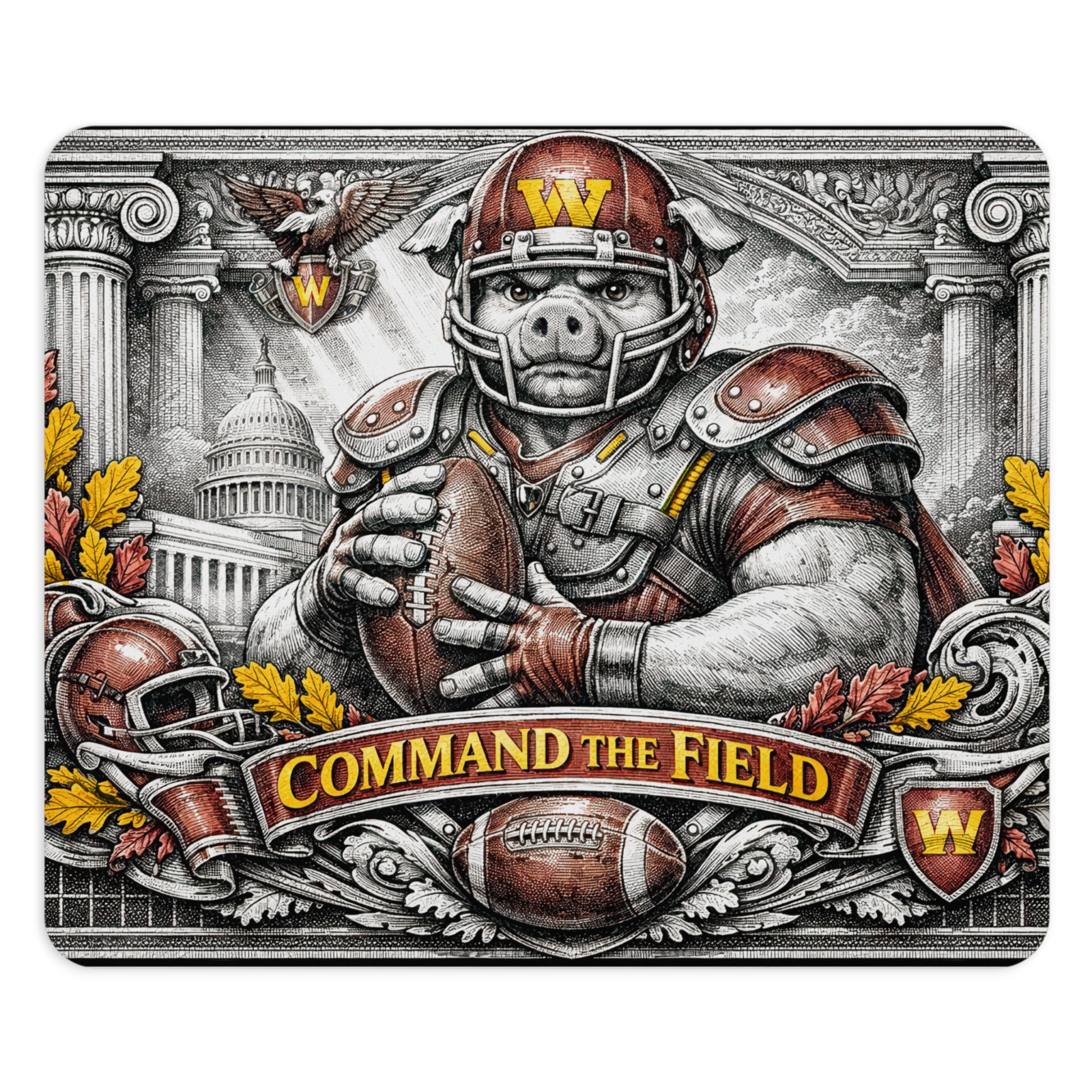 Washington Football Hog Mousepad - Command The Field Vintage Engraving Style Art