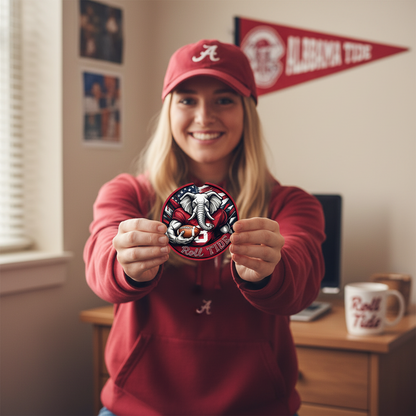 Roll Tide Car Coasters 2-Pack • 2.75" Crimson Bama Elephant • Flag Cup Inserts