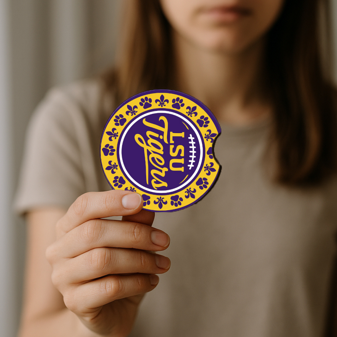 LSU Tigers Car Cup Holder Coasters – 2-Pack Soft Rubber Inserts for Auto or SUV