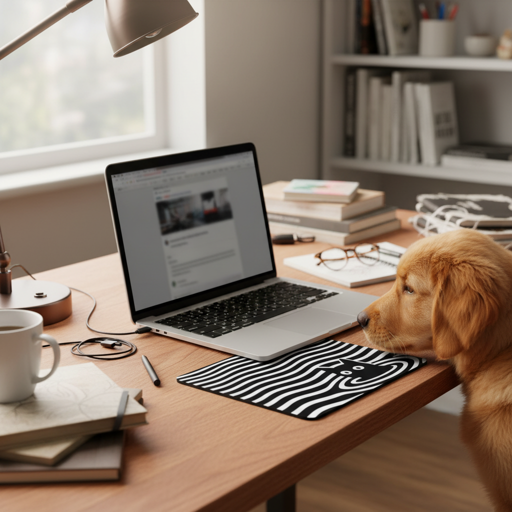 Optical Illusion Cat Mouse Pad - Black & White Wave Design for Desk 9.5"x8"