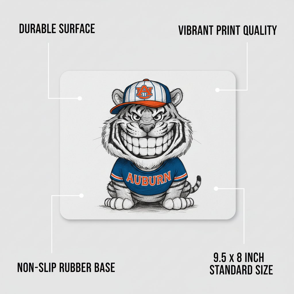 Auburn Tiger Grin Mouse Pad 9.5x8 Inch Standard Rectangular Smooth Surface