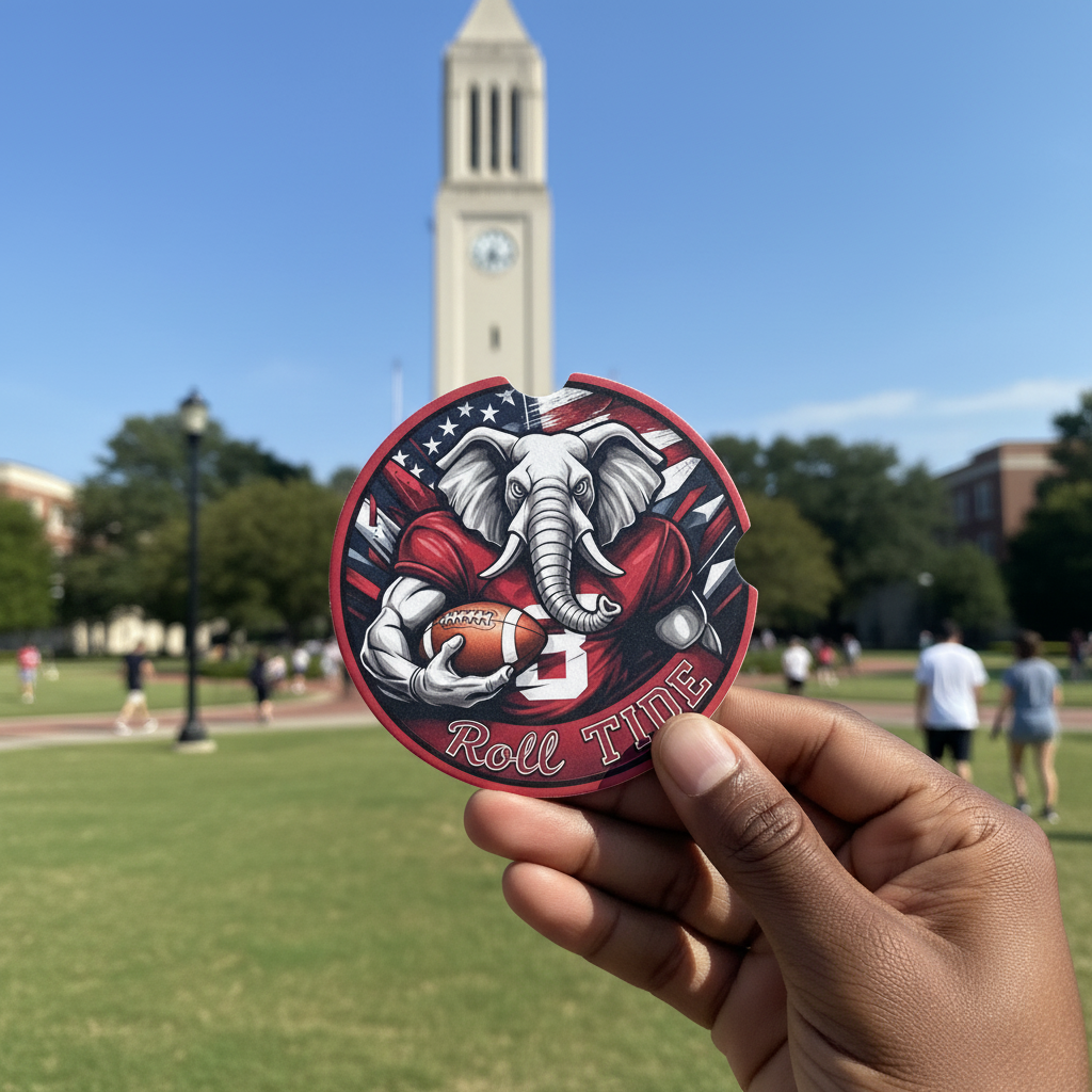 Roll Tide Car Coasters 2-Pack • 2.75" Crimson Bama Elephant • Flag Cup Inserts