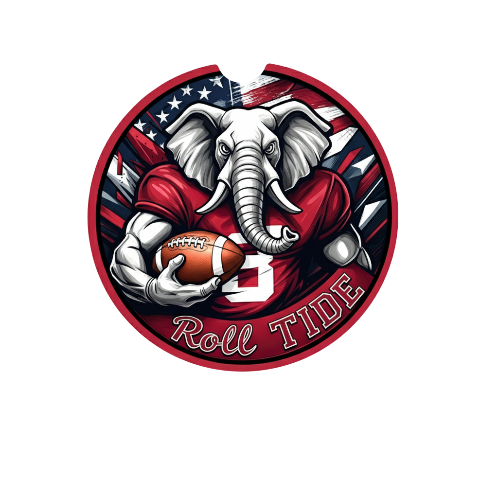 Roll Tide Car Coasters 2-Pack • 2.75" Crimson Bama Elephant • Flag Cup Inserts