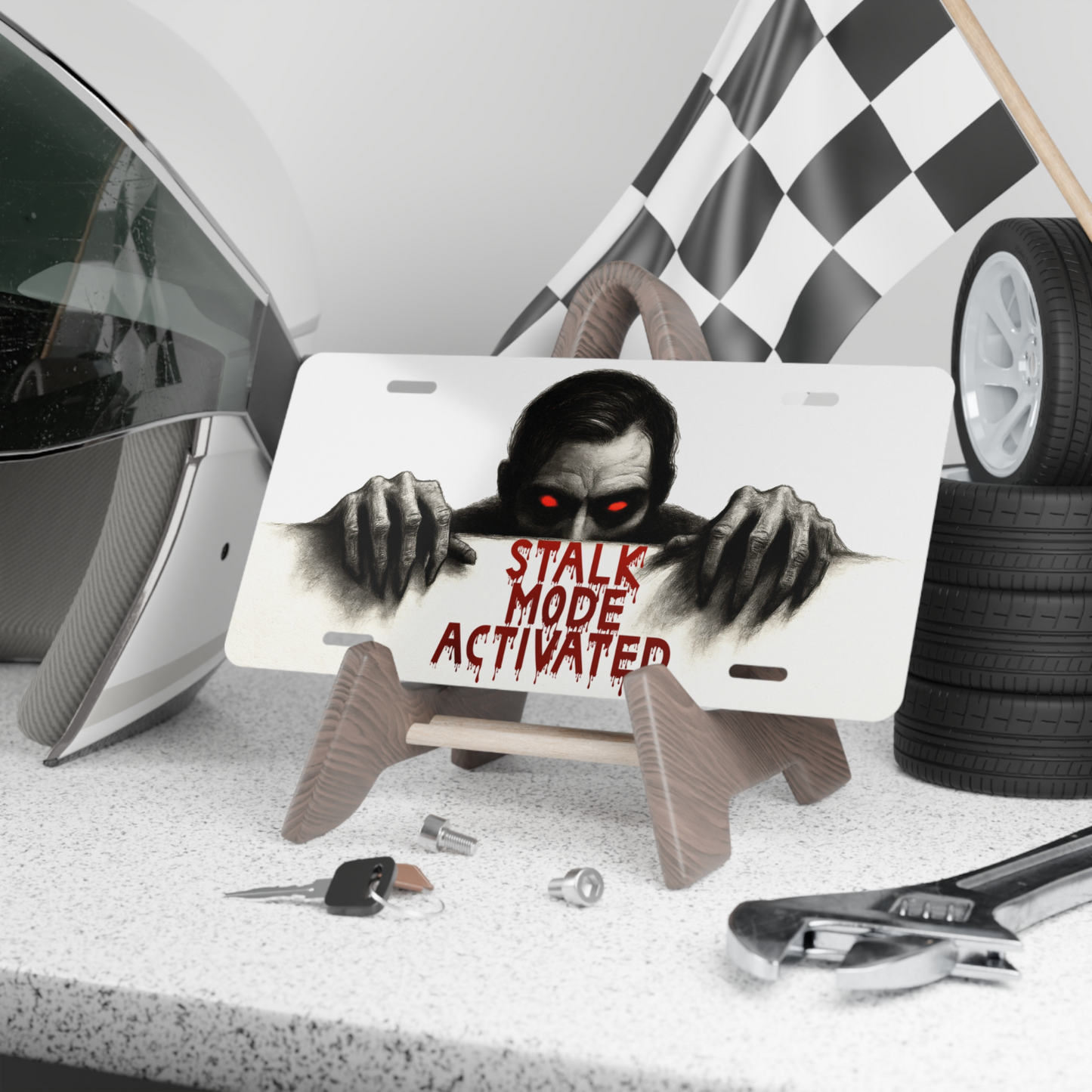 Scary Halloween Gift | Creepy Stalk Mode License Plate | Spooky Auto Front Tag