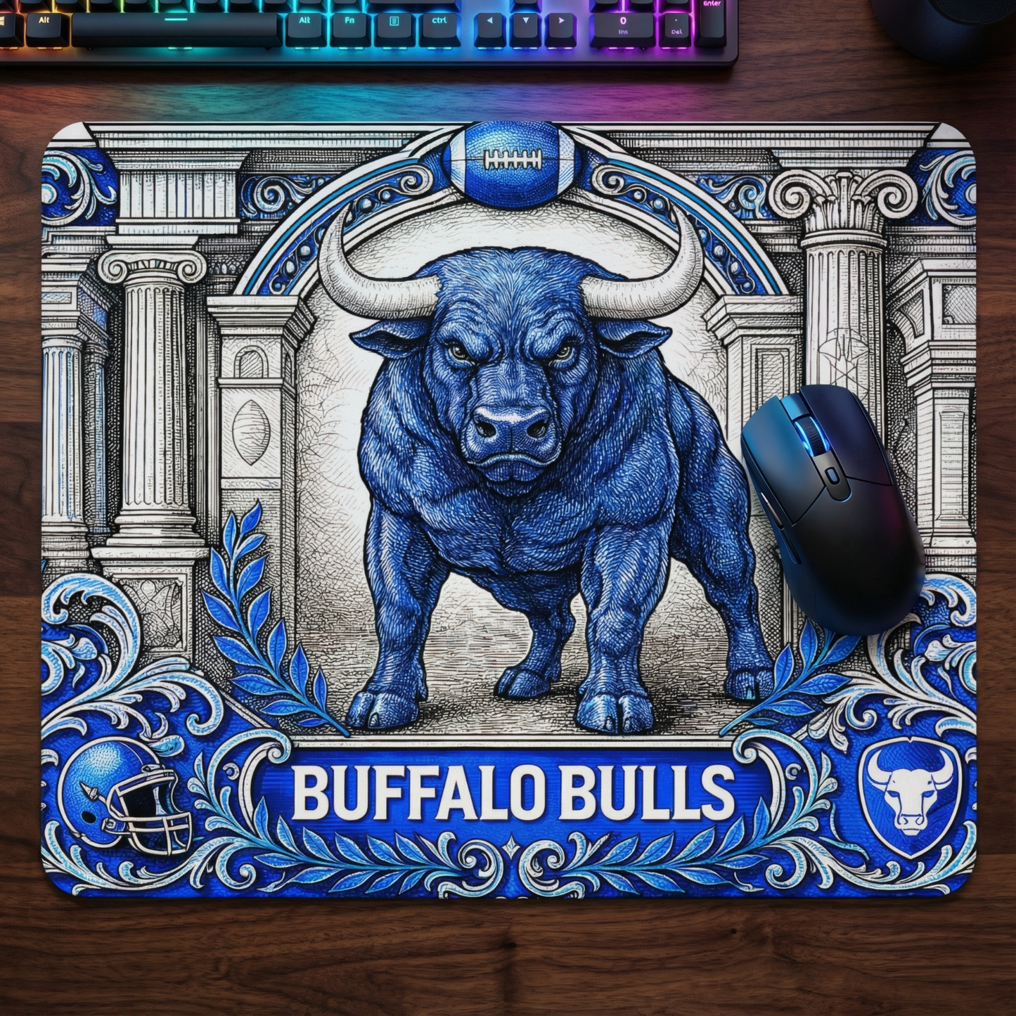 Buffalo Bulls Mousepad Engraved Style Mascot Art Non Slip Stitched Edge Desk Mat
