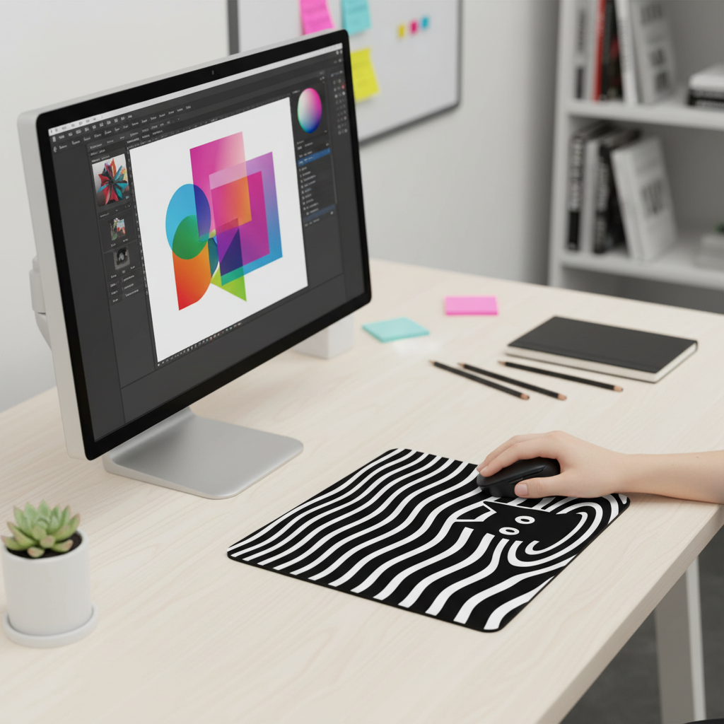 Optical Illusion Cat Mouse Pad - Black & White Wave Design for Desk 9.5"x8"