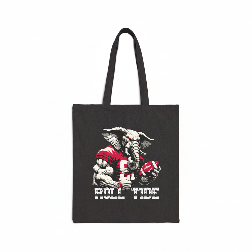 Alabama Elephant Roll Tide Football Black Canvas Spirit Tote Bag - Beyond Lines