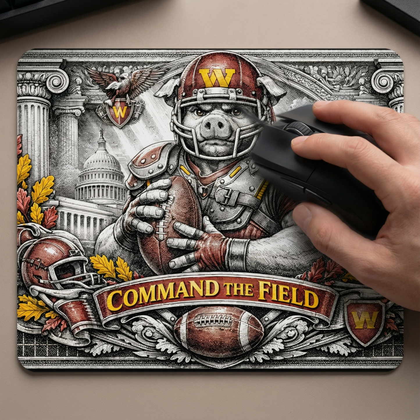 Washington Football Hog Mousepad - Command The Field Vintage Engraving Style Art