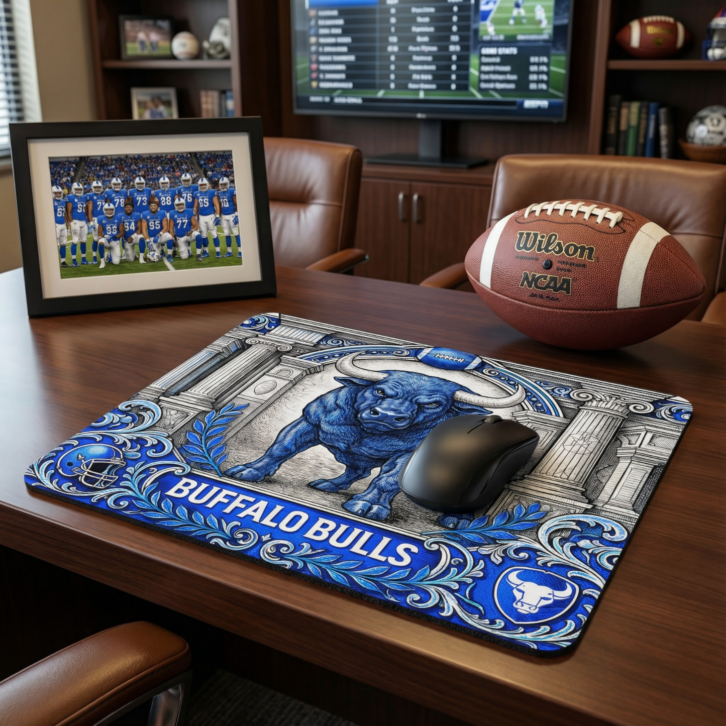 Buffalo Bulls Mousepad Engraved Style Mascot Art Non Slip Stitched Edge Desk Mat