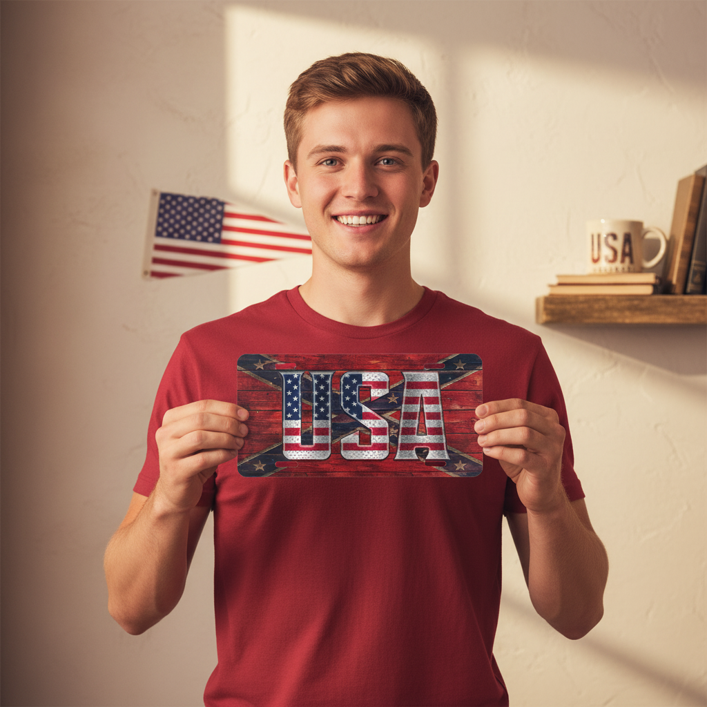 USA Diamond Plate License Plate 6x12 Aluminum Vanity Tag Patriotic USA Flag