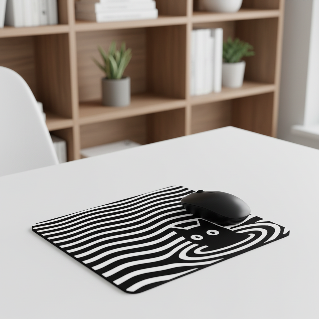 Optical Illusion Cat Mouse Pad - Black & White Wave Design for Desk 9.5"x8"