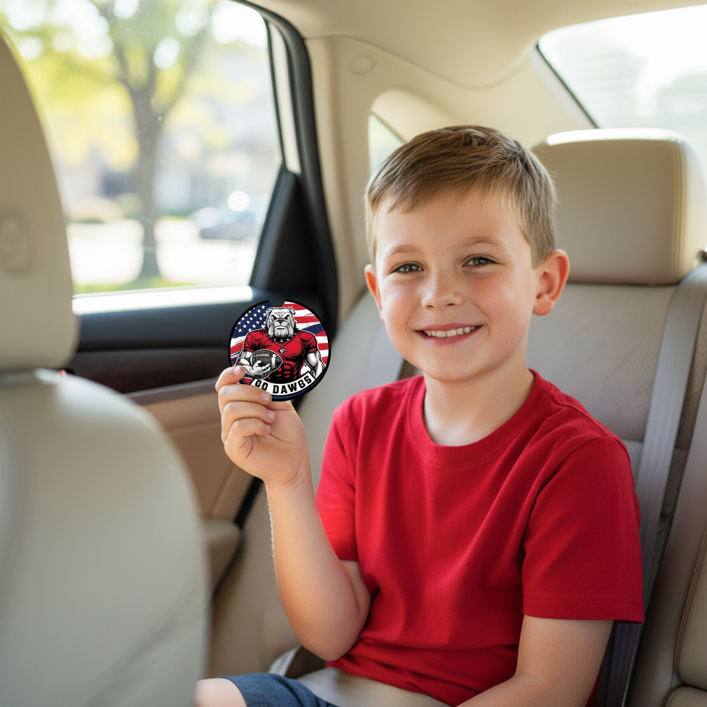 Go Dawgs Car Coasters 2-Pack • 2.75" Bulldog Football Flag Cup Holder Inserts