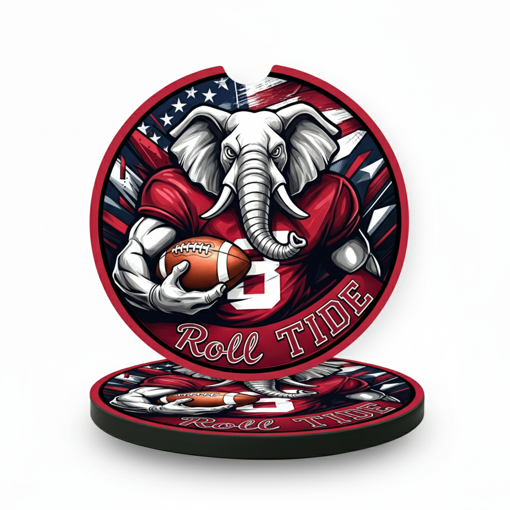 Roll Tide Car Coasters 2-Pack • 2.75" Crimson Bama Elephant • Flag Cup Inserts